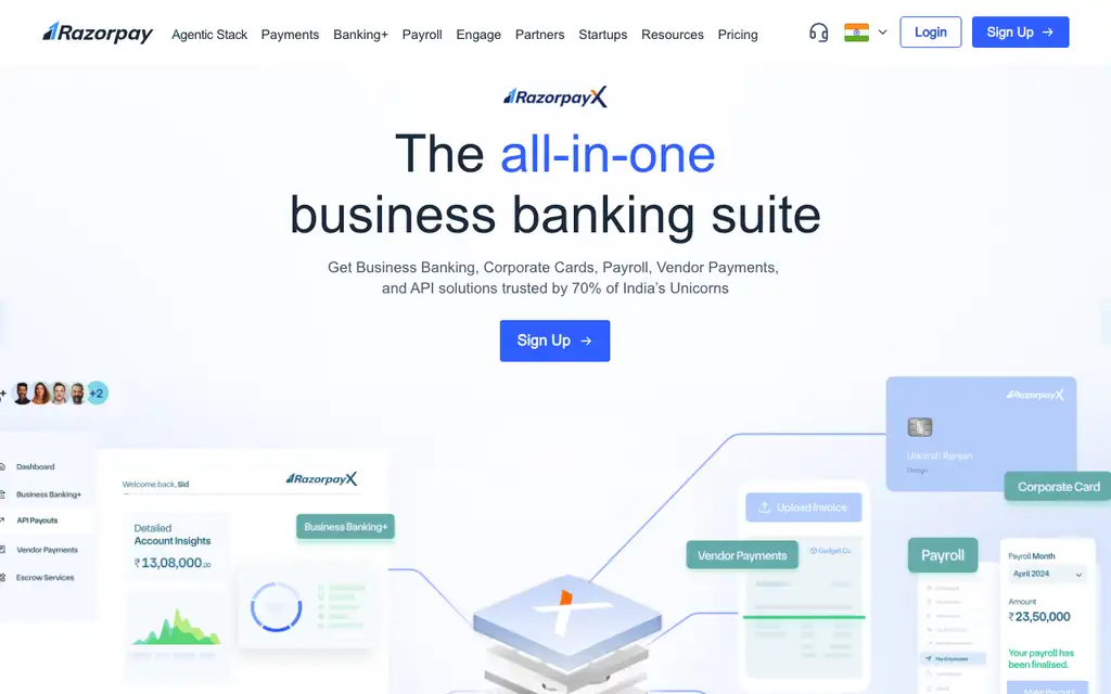 RazorpayX website homepage screenshot