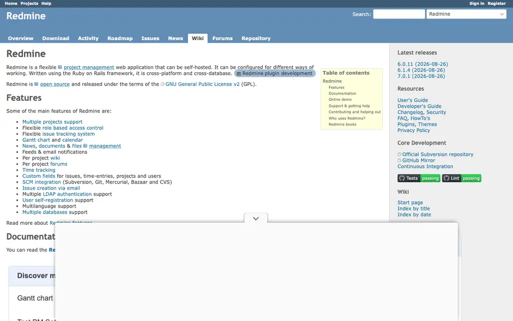 Redmine website homepage screenshot