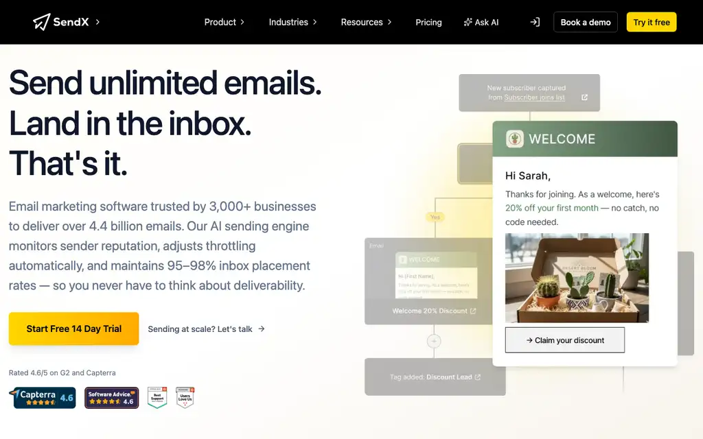 SendX website homepage screenshot