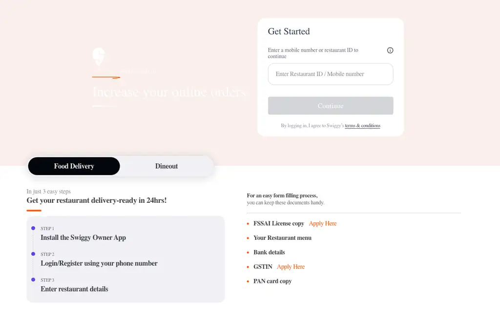 Swiggy Partner website homepage screenshot