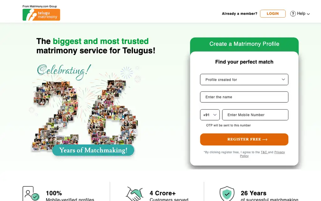 Telugu Matrimony website homepage screenshot