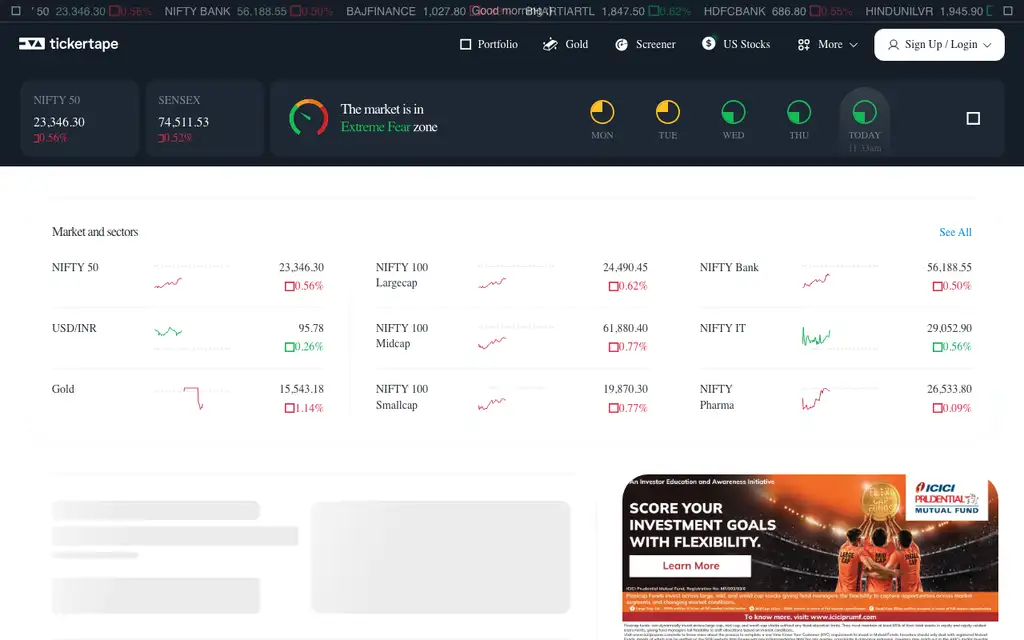 Tickertape website homepage screenshot
