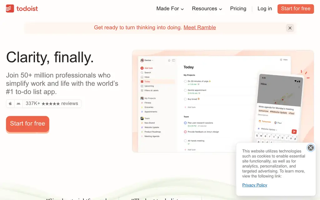 Todoist website homepage screenshot