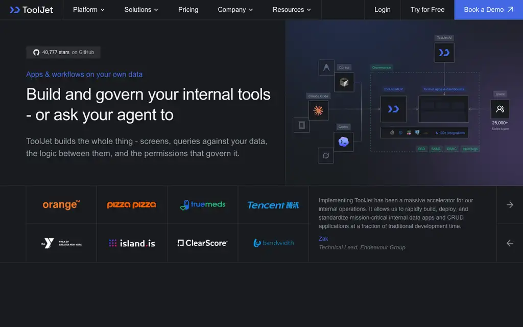 ToolJet website homepage screenshot