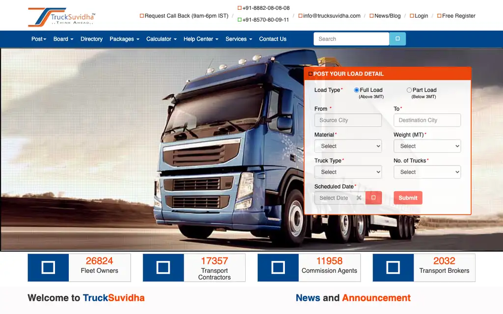 TruckSuvidha website homepage screenshot