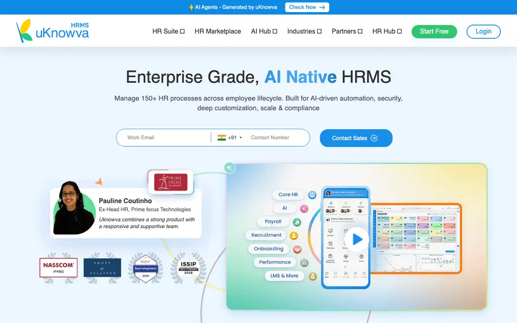 uKnowva HRMS website homepage screenshot