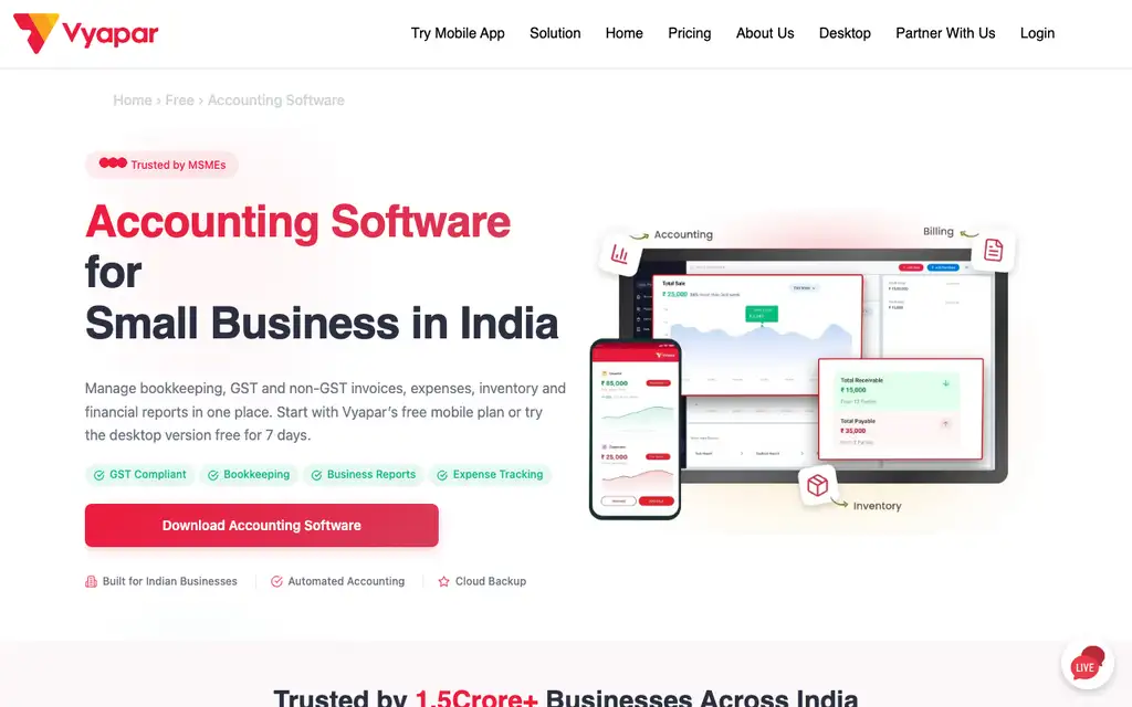 Vyapar Accounting website homepage screenshot