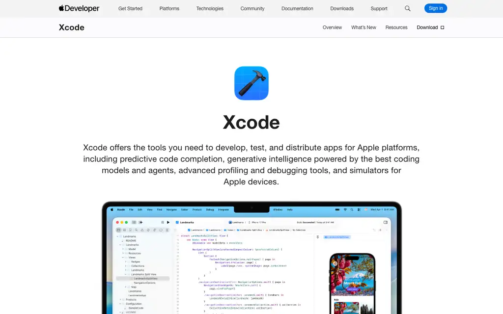 Xcode website homepage screenshot