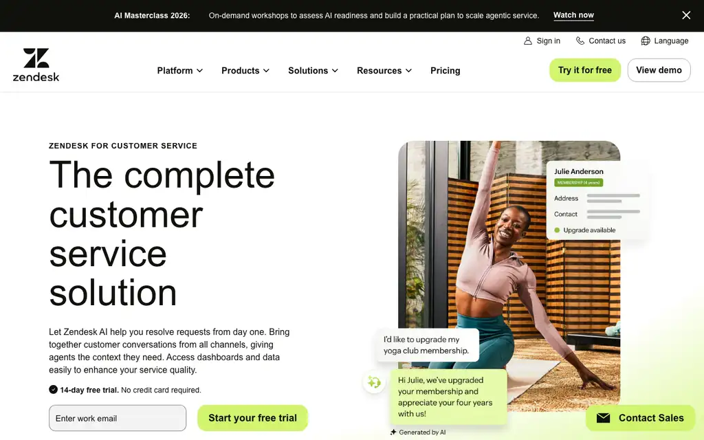 Zendesk Support website homepage screenshot