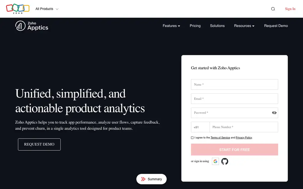 Zoho Apptics website homepage screenshot