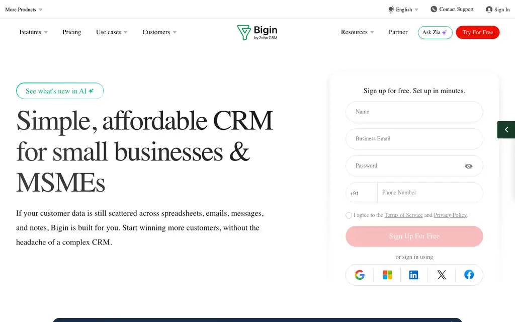 Zoho Bigin website homepage screenshot