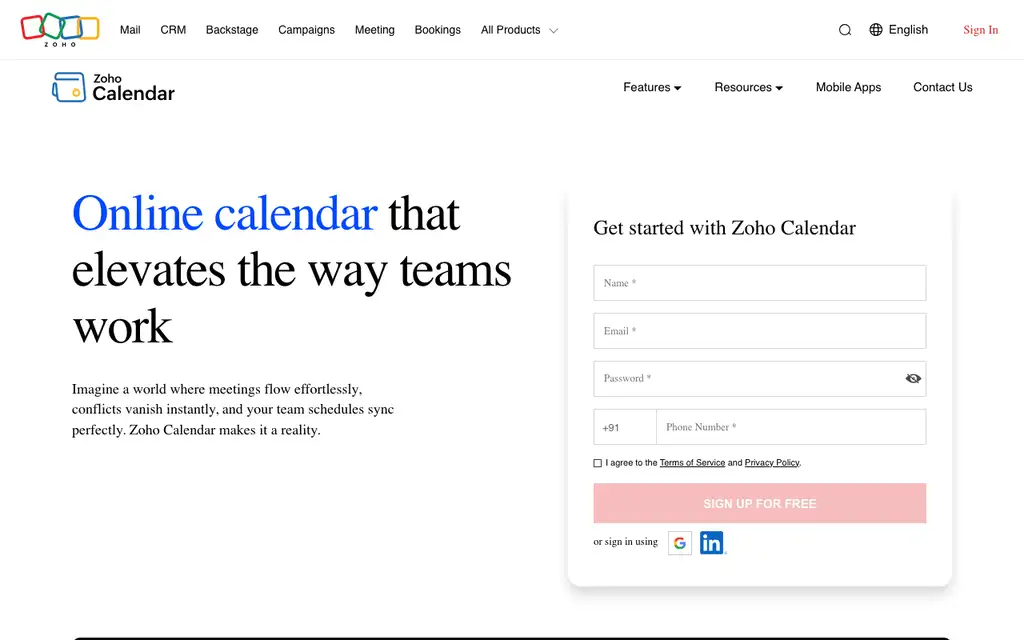 Zoho Calendar website homepage screenshot