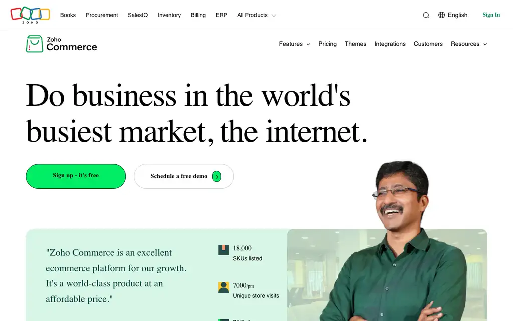 Zoho Commerce website homepage screenshot
