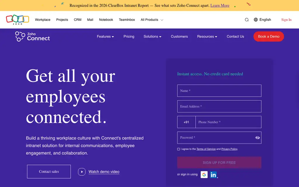 Zoho Connect website homepage screenshot
