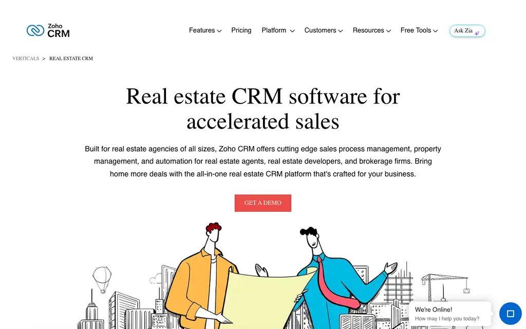 Zoho CRM for Real Estate website homepage screenshot