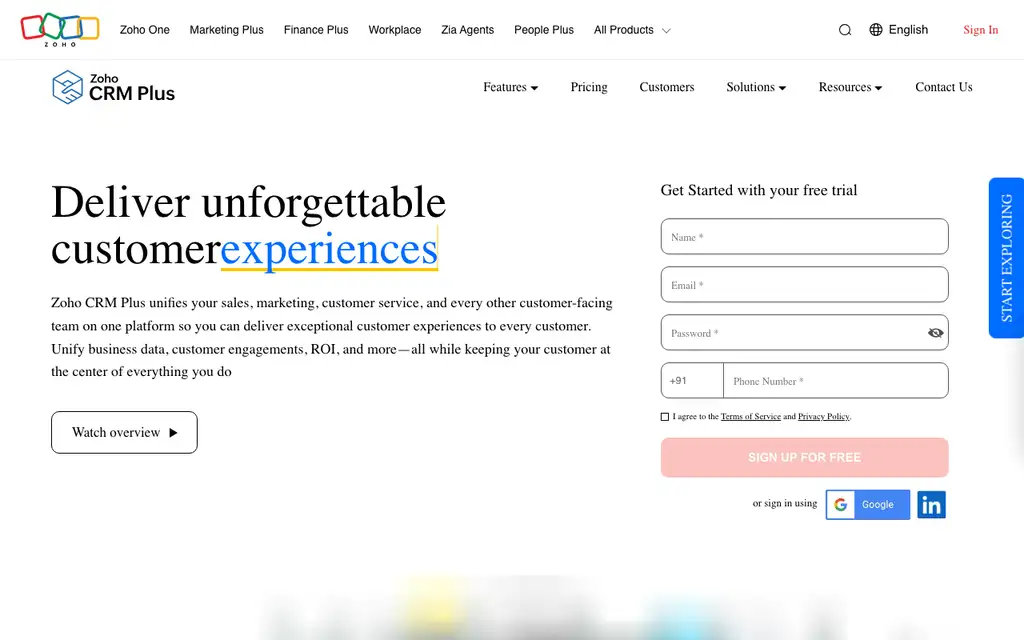 Zoho CRM Plus website homepage screenshot