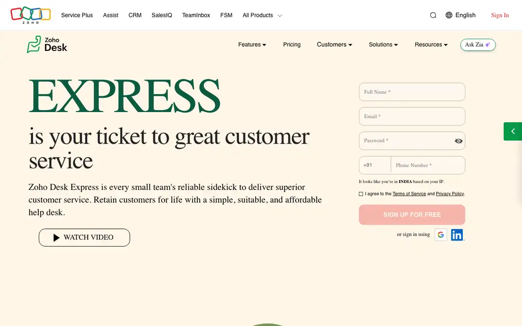 Zoho Desk Express website homepage screenshot