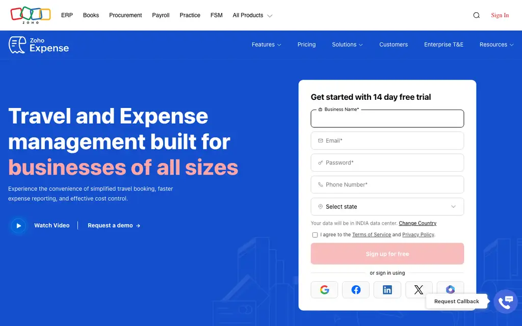 Zoho Expense website homepage screenshot