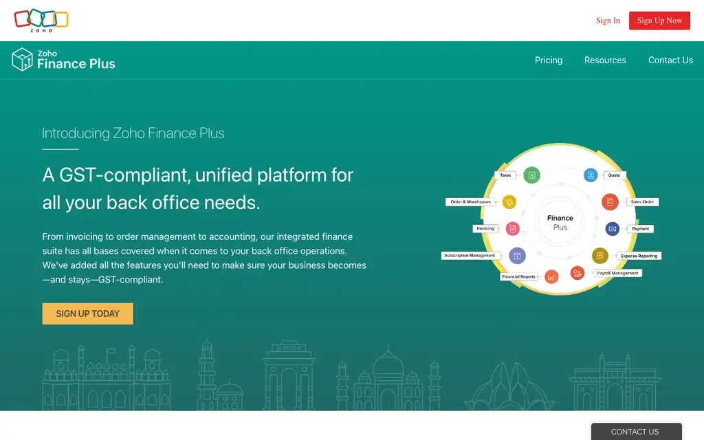 Zoho Finance Plus website homepage screenshot