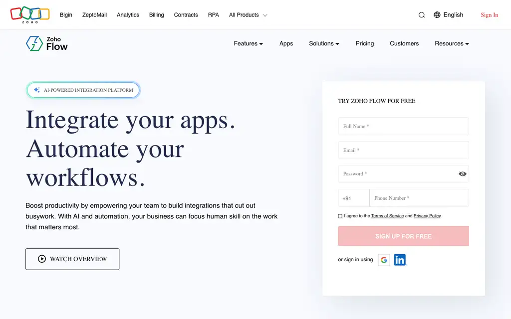 Zoho Flow website homepage screenshot