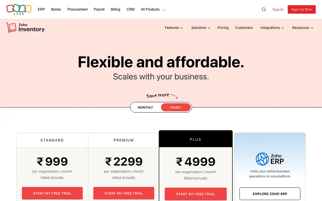 Zoho Inventory Plus website homepage screenshot
