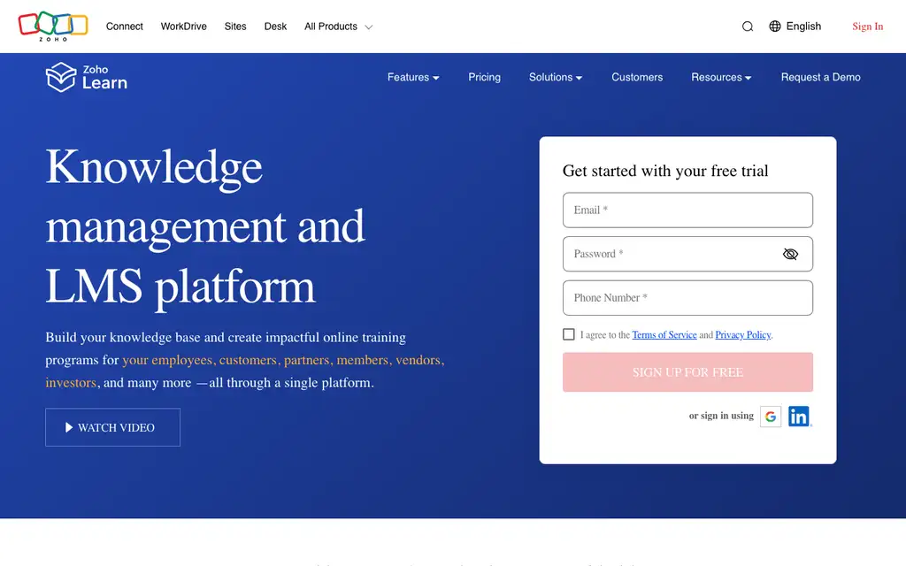 Zoho Learn website homepage screenshot