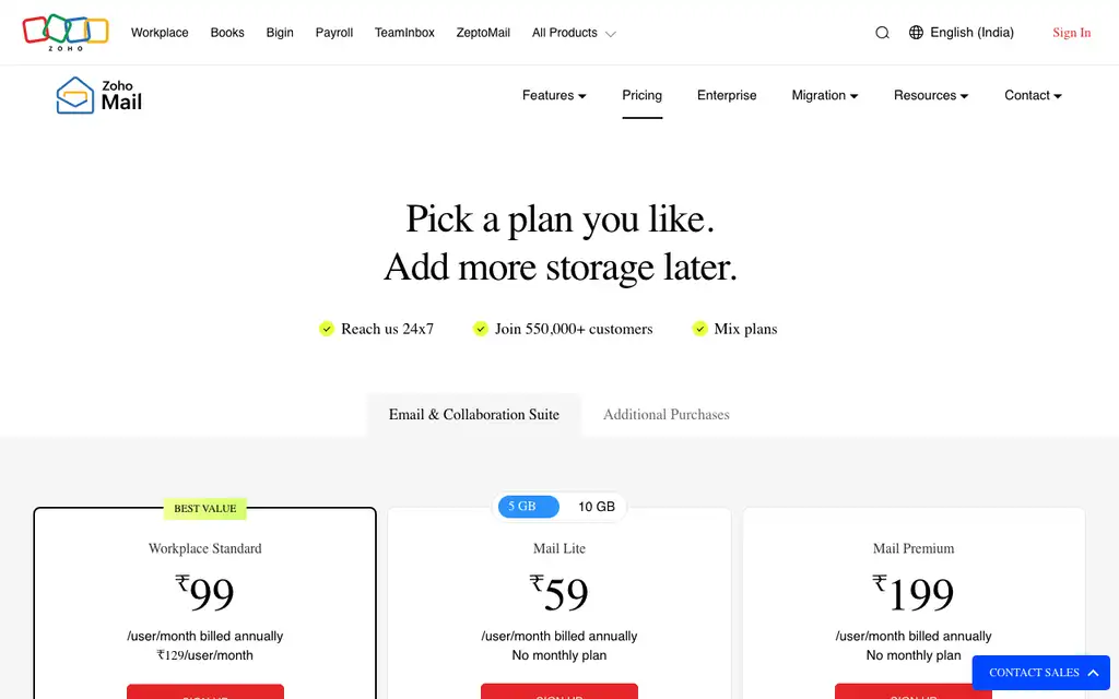 Zoho Mail Lite website homepage screenshot
