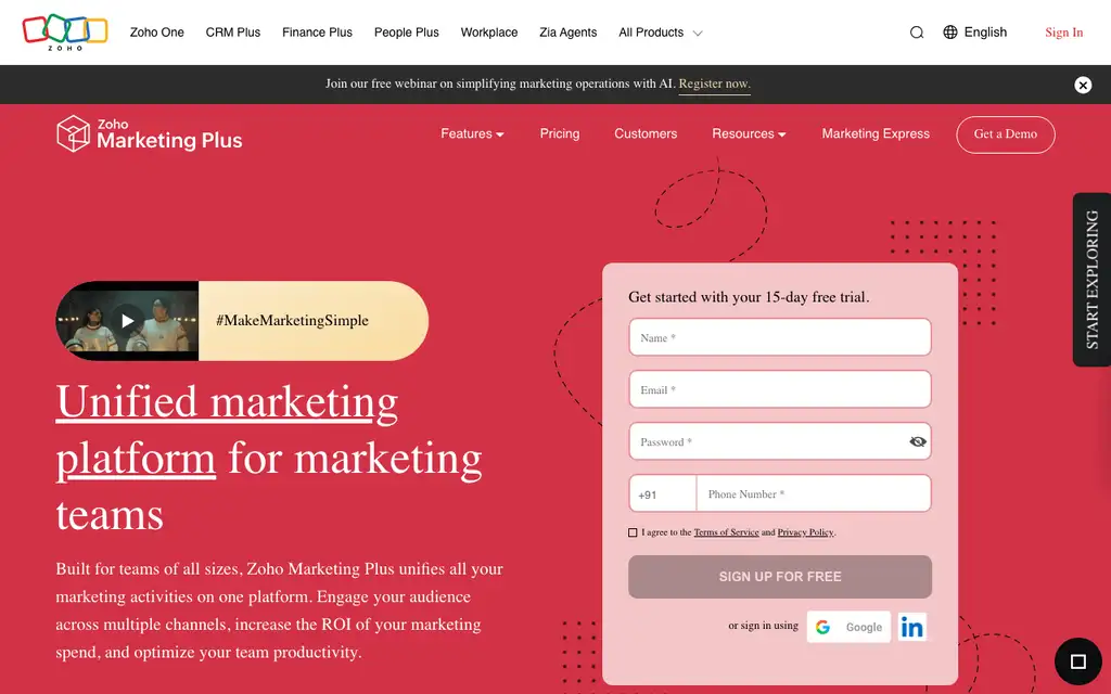 Zoho Marketing Plus website homepage screenshot