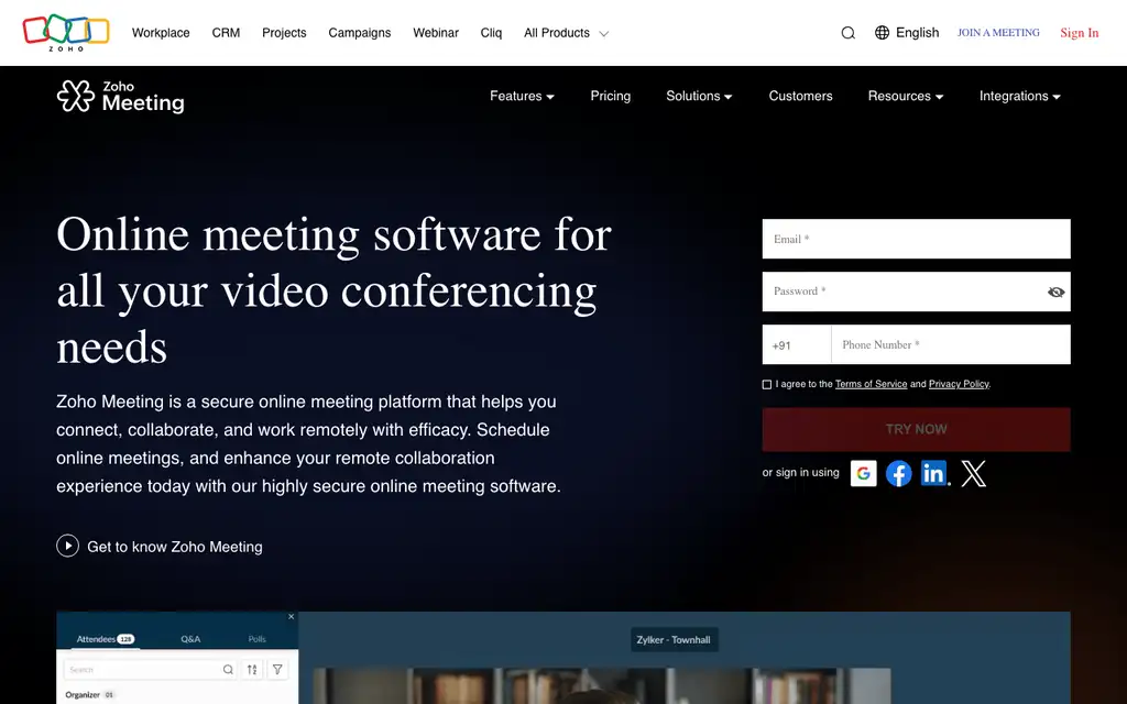 Zoho Meeting website homepage screenshot