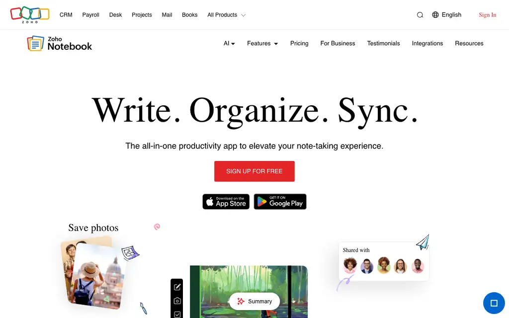 Zoho Notebook website homepage screenshot