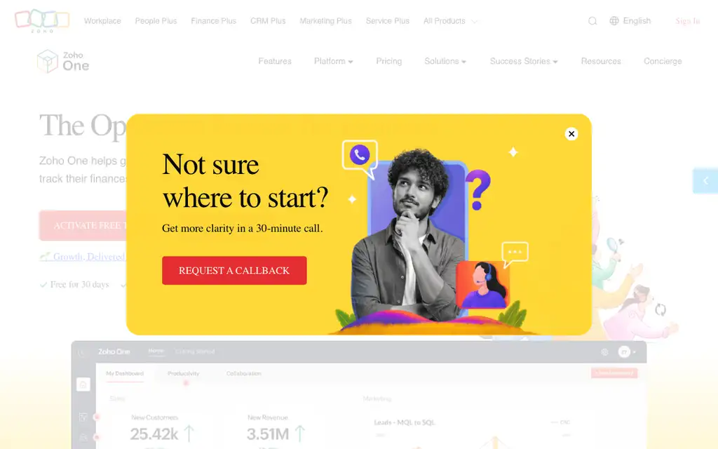 Zoho One website homepage screenshot