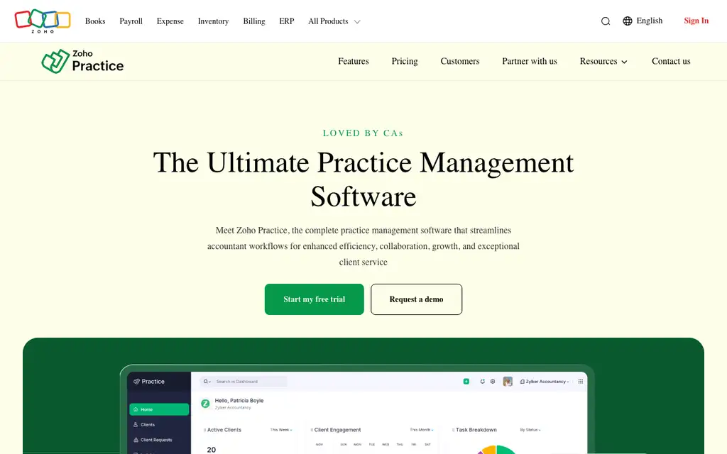 Zoho Practice website homepage screenshot