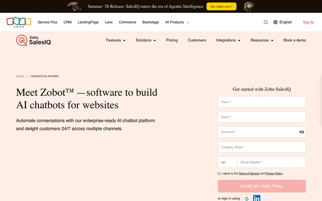 Zoho SalesIQ Zobot website homepage screenshot