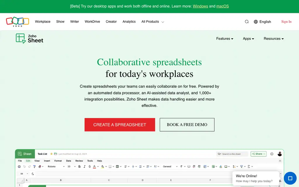 Zoho Sheet website homepage screenshot
