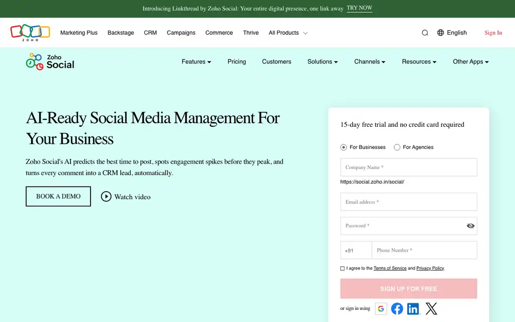 Zoho Social website homepage screenshot