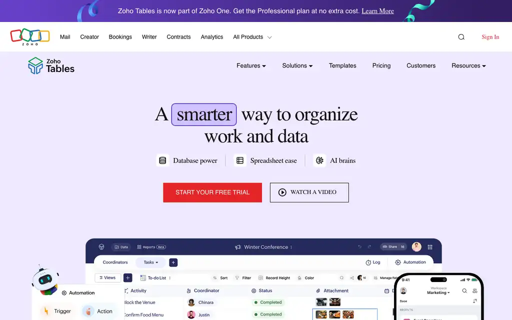 Zoho Tables website homepage screenshot