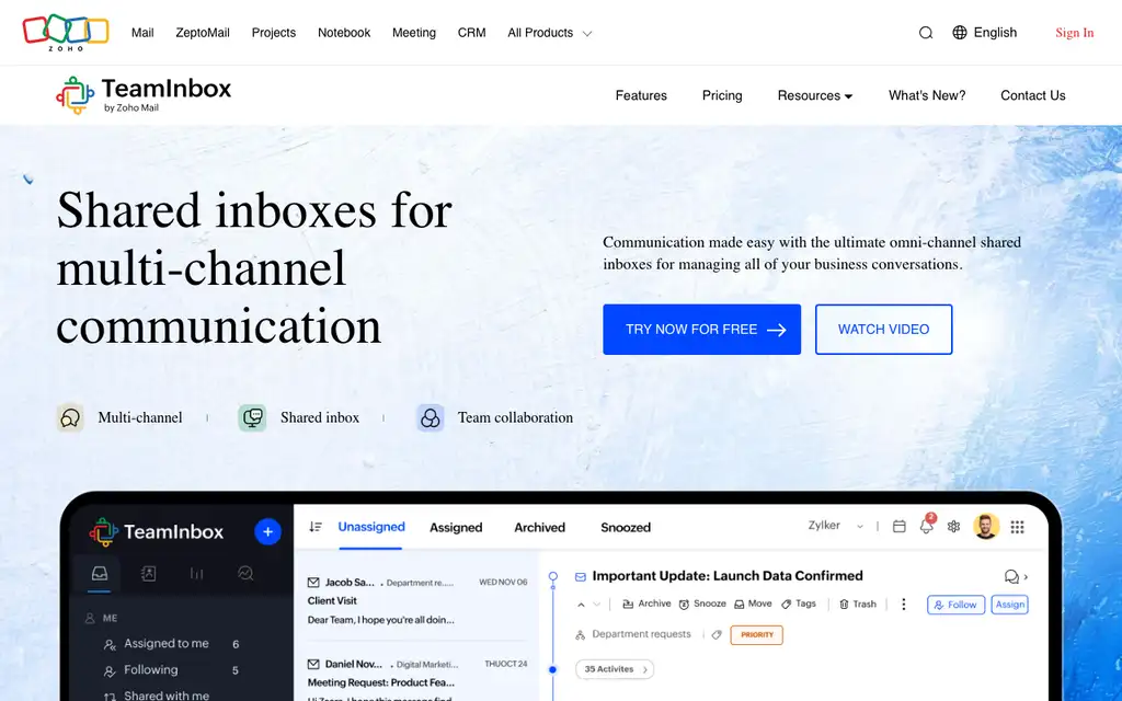 Zoho TeamInbox website homepage screenshot