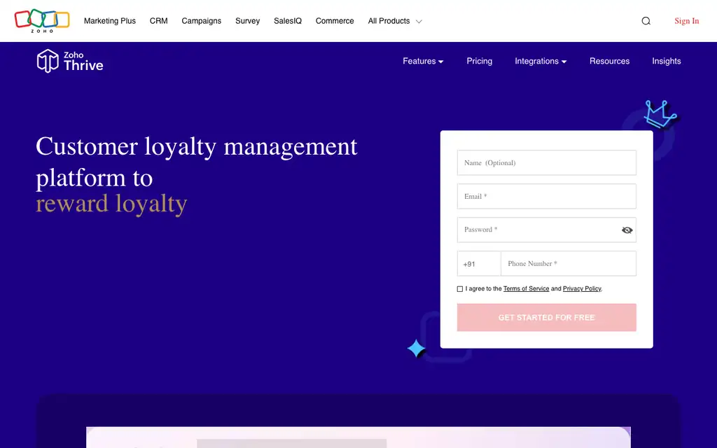 Zoho Thrive website homepage screenshot