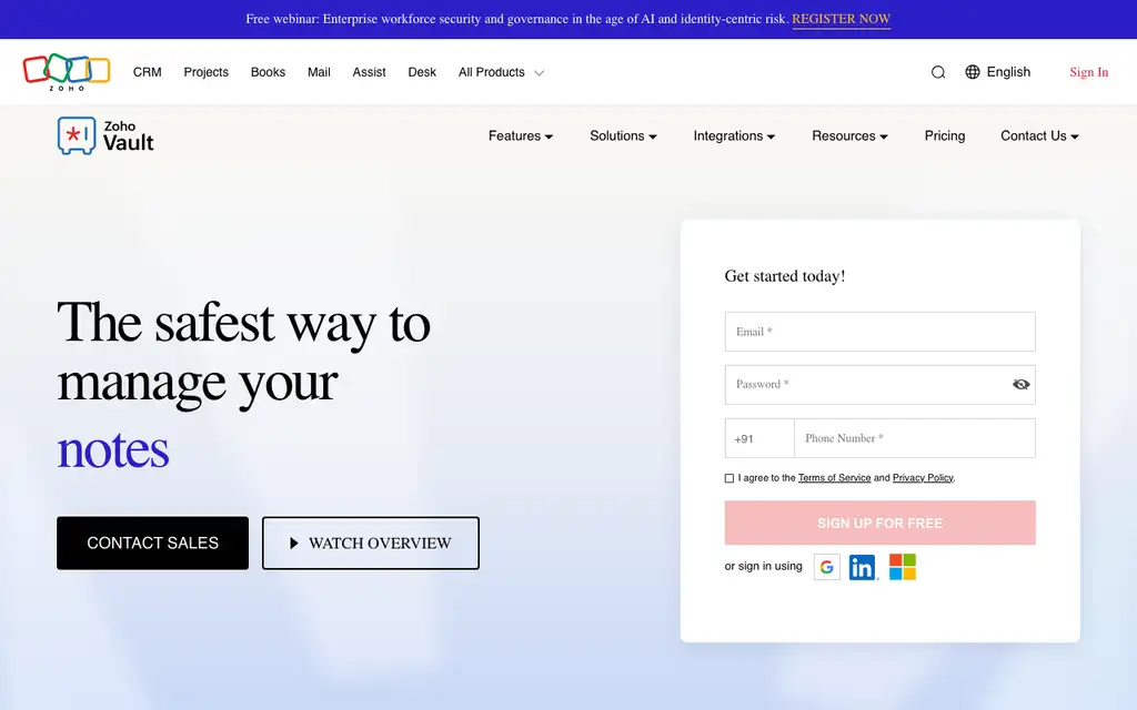 Zoho Vault website homepage screenshot
