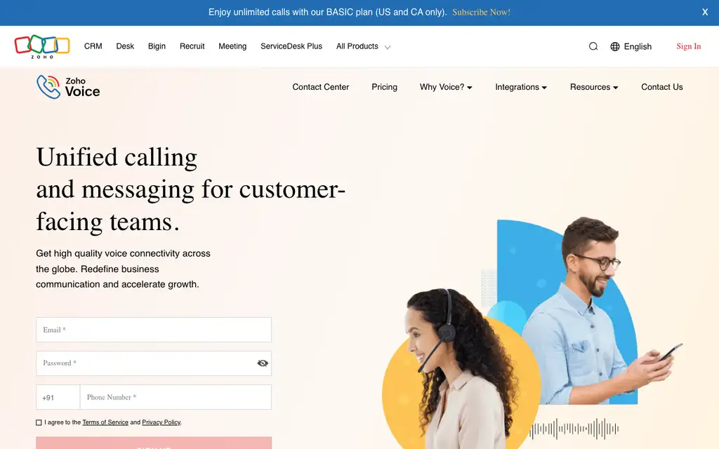 Zoho Voice website homepage screenshot