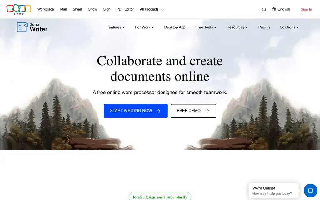 Zoho Writer website homepage screenshot