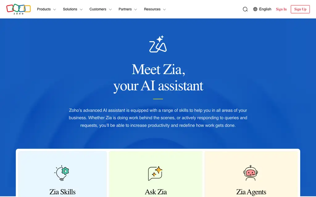 Zoho Zia website homepage screenshot